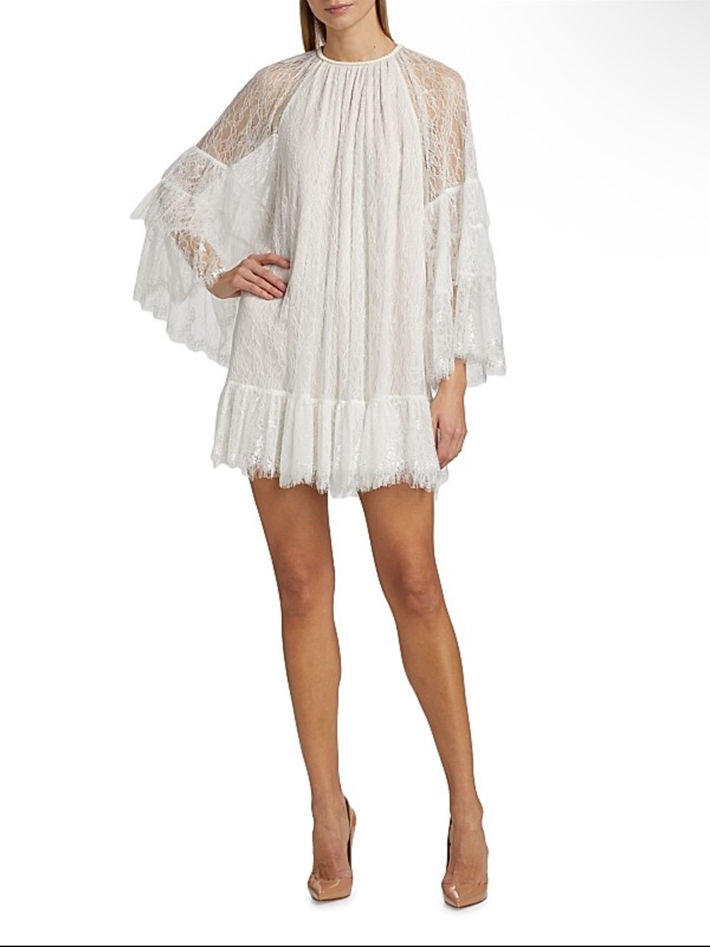 Alice and Olivia Delia Ruffle Tunic Ivory Lace Mini Dress